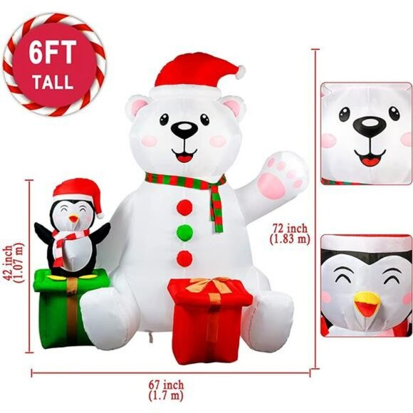 6FT Polar Bear with Penguin Inflatable Christmas Decorations with LED Light - Picture 1 of 6